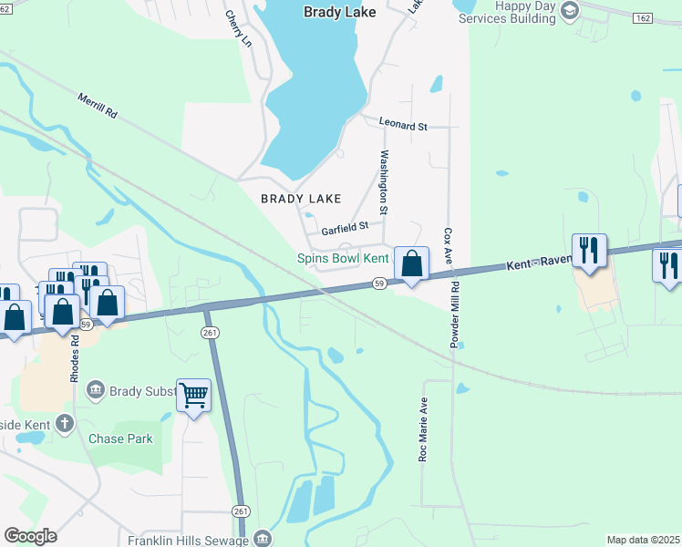 map of restaurants, bars, coffee shops, grocery stores, and more near 2179 Onondago Street in Ravenna
