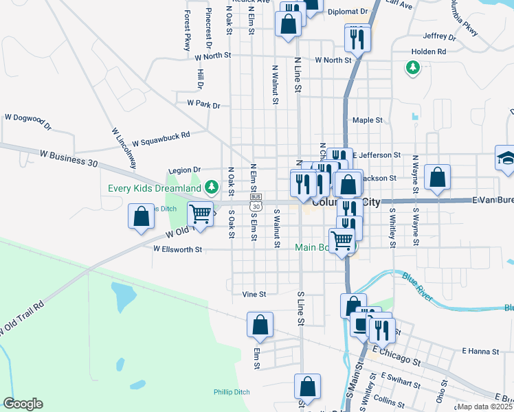 map of restaurants, bars, coffee shops, grocery stores, and more near 415 West Business 30 in Columbia City