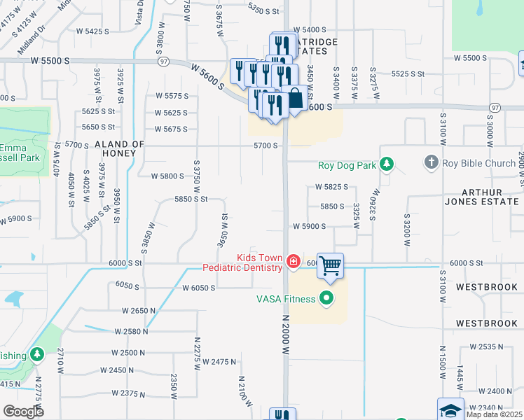 map of restaurants, bars, coffee shops, grocery stores, and more near 5859 South 3500 West in Roy