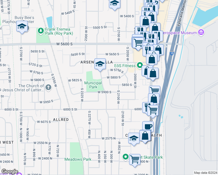 map of restaurants, bars, coffee shops, grocery stores, and more near 2155 West 5850 South in Roy