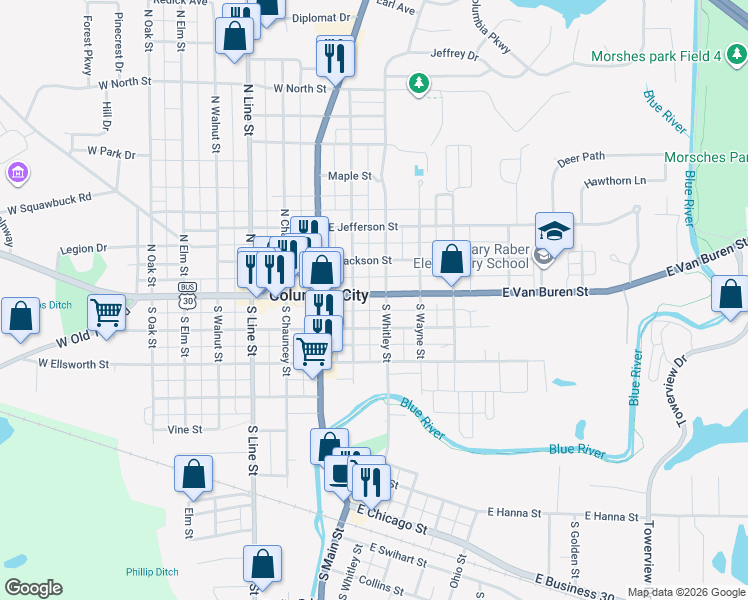 map of restaurants, bars, coffee shops, grocery stores, and more near 200 E Van Buren St in Columbia City