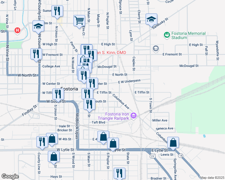 map of restaurants, bars, coffee shops, grocery stores, and more near 212-298 East Tiffin Street in Fostoria