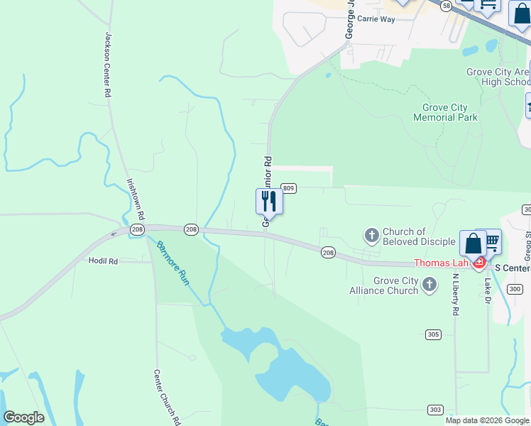 map of restaurants, bars, coffee shops, grocery stores, and more near 15 George Junior Road in Grove City