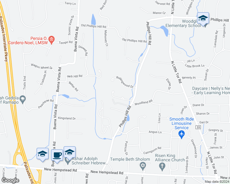 map of restaurants, bars, coffee shops, grocery stores, and more near 354 Phillips Hill Road in New City