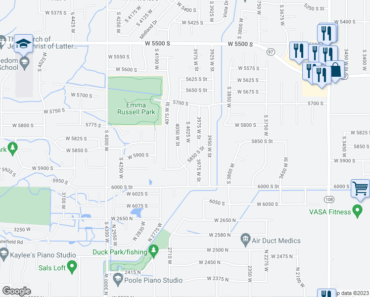 map of restaurants, bars, coffee shops, grocery stores, and more near 5827 South 4025 West in Roy