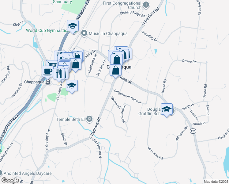 map of restaurants, bars, coffee shops, grocery stores, and more near 12 Ridgewood Terrace in Chappaqua