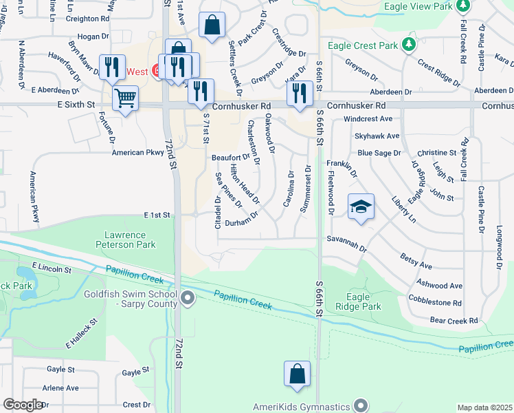map of restaurants, bars, coffee shops, grocery stores, and more near 1510 Durham Drive in Papillion