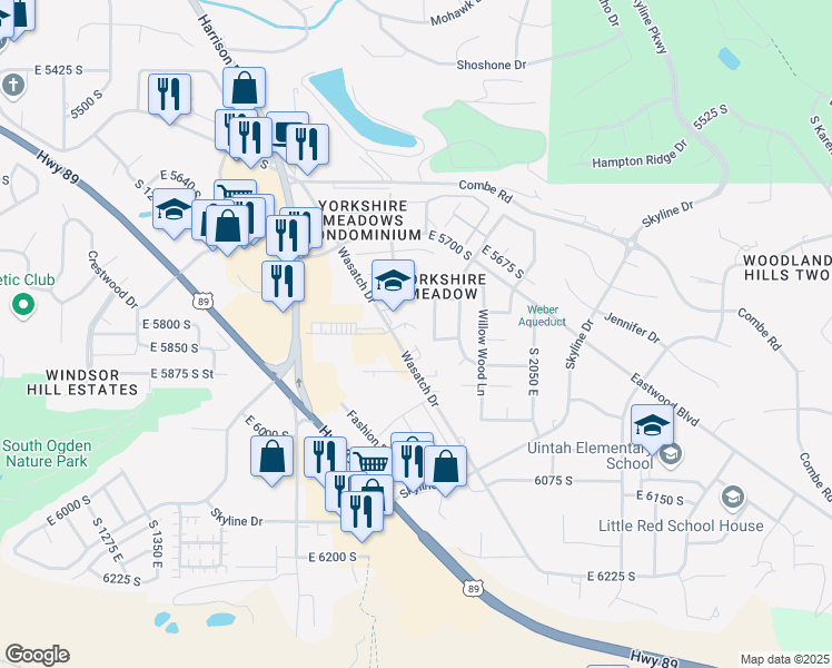 map of restaurants, bars, coffee shops, grocery stores, and more near 5833 South 1900 East Street in Ogden
