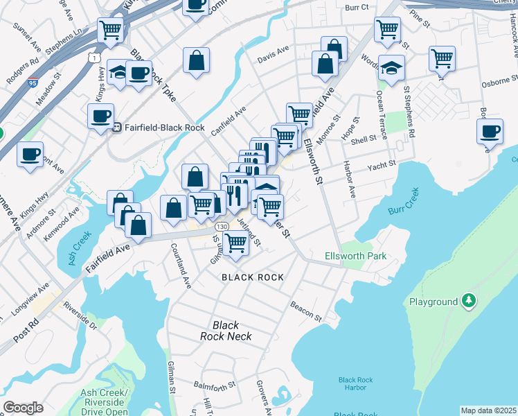 map of restaurants, bars, coffee shops, grocery stores, and more near 568 Brewster Street in Bridgeport