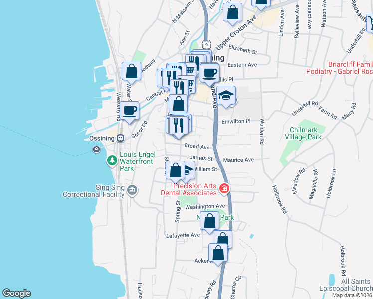 map of restaurants, bars, coffee shops, grocery stores, and more near 26 Broad Avenue in Ossining