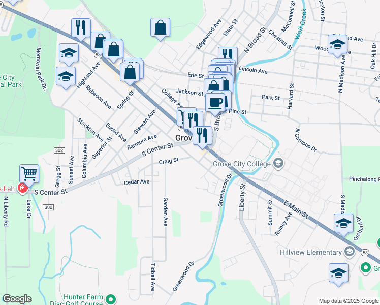 map of restaurants, bars, coffee shops, grocery stores, and more near 127 West Poplar Street in Grove City