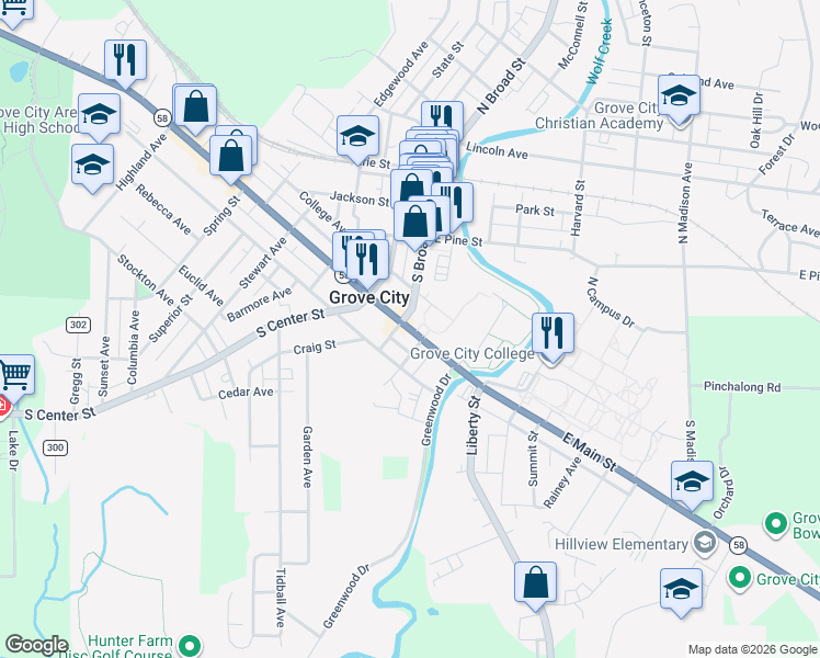 map of restaurants, bars, coffee shops, grocery stores, and more near 119 East Main Street in Grove City