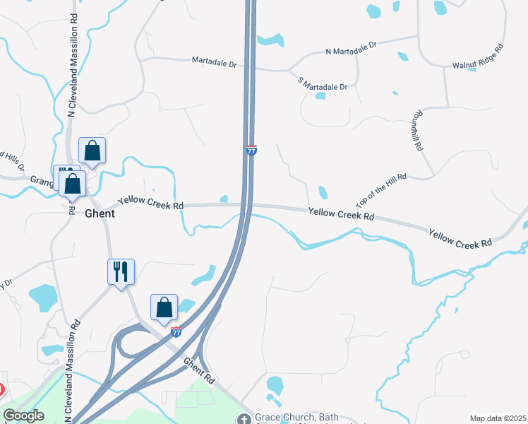 map of restaurants, bars, coffee shops, grocery stores, and more near 3350 Yellow Creek Road in Akron