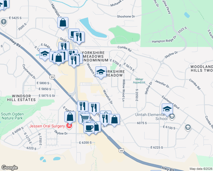map of restaurants, bars, coffee shops, grocery stores, and more near 5833 South 1900 East Street in Ogden