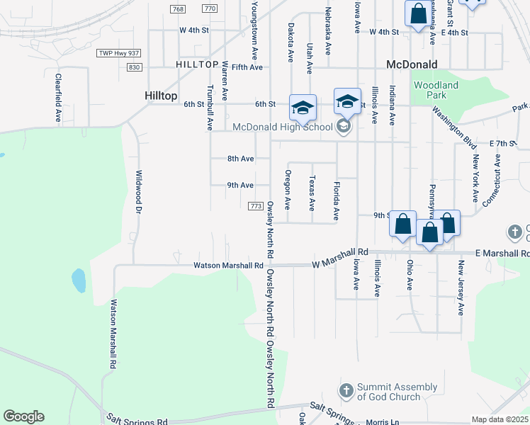 map of restaurants, bars, coffee shops, grocery stores, and more near 932 Owsley North Road in McDonald