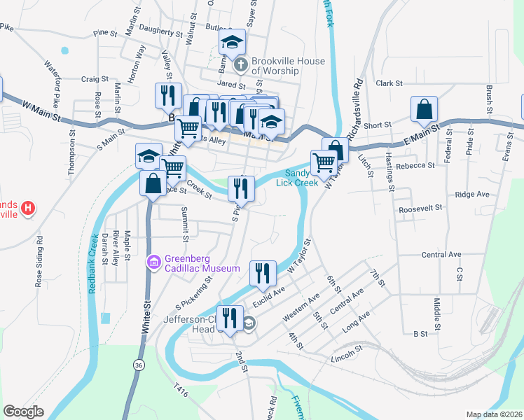 map of restaurants, bars, coffee shops, grocery stores, and more near 1 Sylvania Street in Brookville