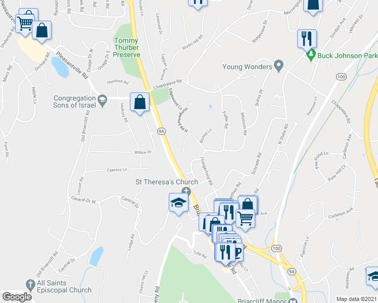 map of restaurants, bars, coffee shops, grocery stores, and more near 31 Candlewood Court in Briarcliff Manor
