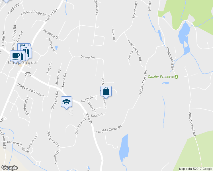 map of restaurants, bars, coffee shops, grocery stores, and more near 154 Devoe Road in Chappaqua
