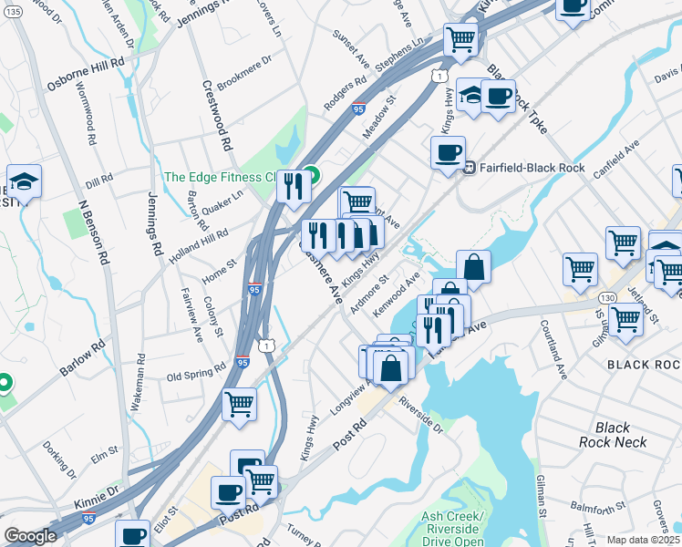 map of restaurants, bars, coffee shops, grocery stores, and more near 1770 Kings Highway in Fairfield