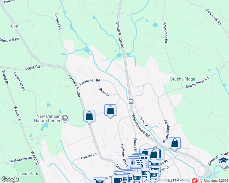 map of restaurants, bars, coffee shops, grocery stores, and more near 76 Parade Hill Road in New Canaan