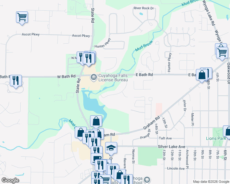 map of restaurants, bars, coffee shops, grocery stores, and more near 3199 Old Mill Dr in Cuyahoga Falls