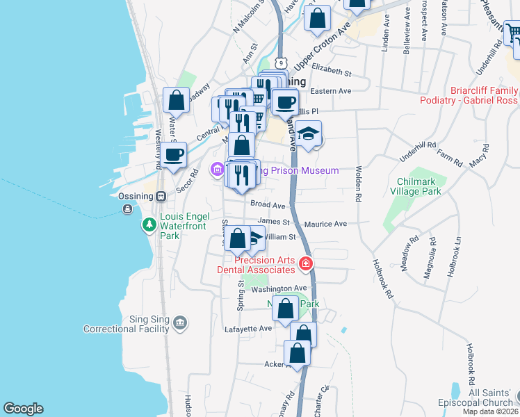 map of restaurants, bars, coffee shops, grocery stores, and more near 26 Broad Avenue in Ossining
