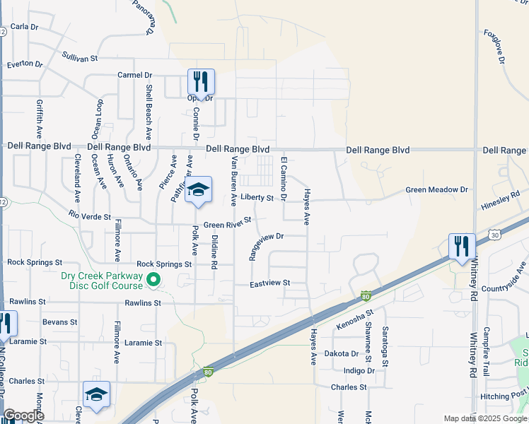 map of restaurants, bars, coffee shops, grocery stores, and more near 5304 Green River Street in Cheyenne