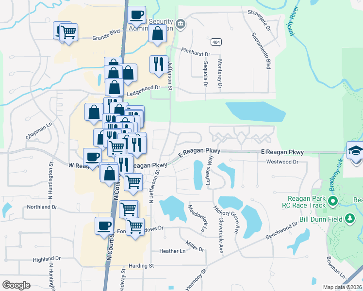 map of restaurants, bars, coffee shops, grocery stores, and more near 28 North Jefferson Street in Medina