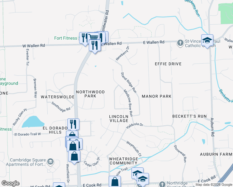 map of restaurants, bars, coffee shops, grocery stores, and more near 8428 Hawk Spring Hill in Fort Wayne