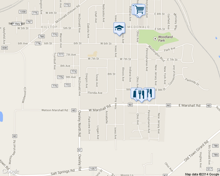 map of restaurants, bars, coffee shops, grocery stores, and more near 843 Florida Avenue in McDonald
