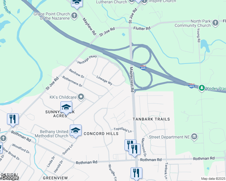 map of restaurants, bars, coffee shops, grocery stores, and more near 8314 Sunny Lane in Fort Wayne