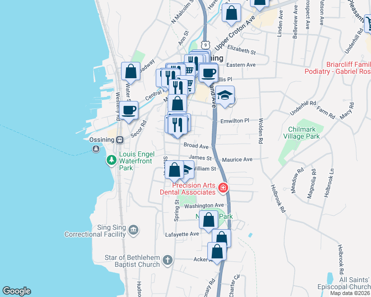 map of restaurants, bars, coffee shops, grocery stores, and more near 26 Broad Avenue in Ossining