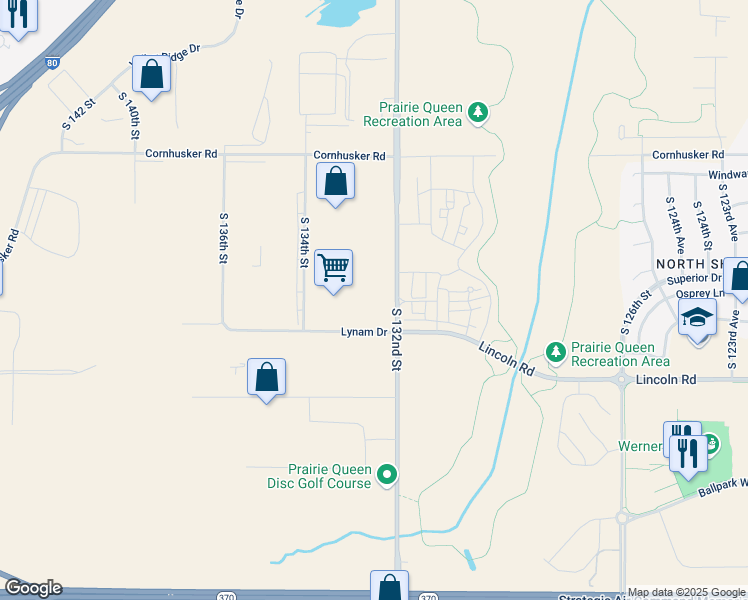 map of restaurants, bars, coffee shops, grocery stores, and more near 13220 Lynam Drive in Omaha