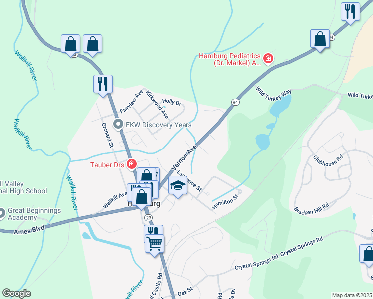 map of restaurants, bars, coffee shops, grocery stores, and more near 65 Vernon Avenue in Hamburg