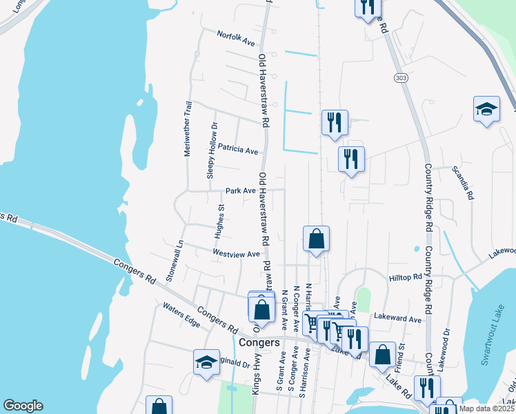 map of restaurants, bars, coffee shops, grocery stores, and more near 99 Old Haverstraw Road in Congers