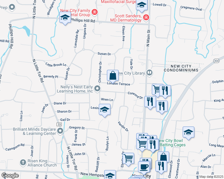 map of restaurants, bars, coffee shops, grocery stores, and more near 28 Concord Drive in New City