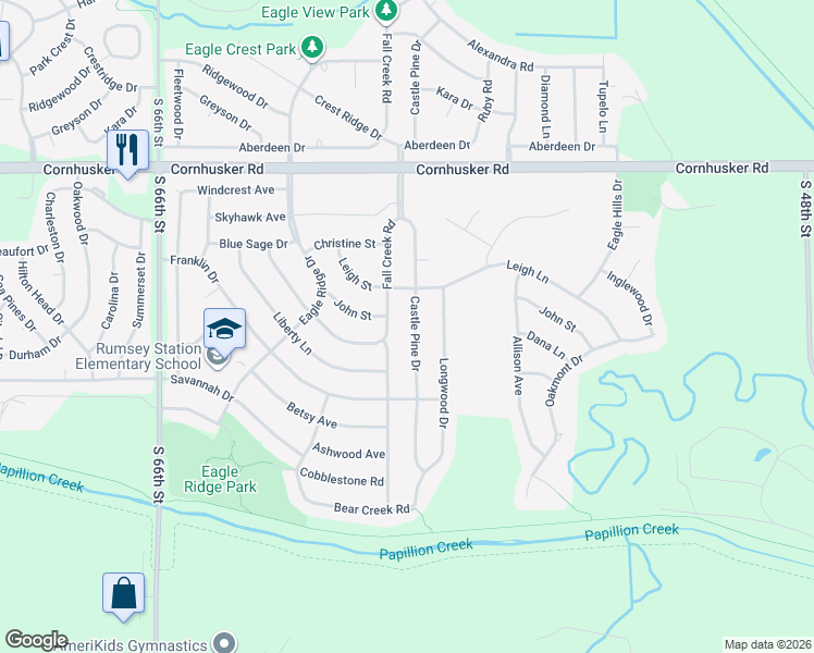 map of restaurants, bars, coffee shops, grocery stores, and more near 302 Castle Pine Drive in Papillion