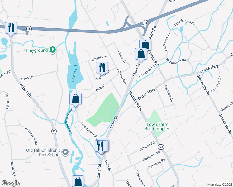 map of restaurants, bars, coffee shops, grocery stores, and more near 15 Maplewood Avenue in Westport