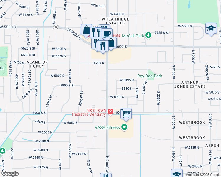 map of restaurants, bars, coffee shops, grocery stores, and more near 5857 South 3450 West in Roy