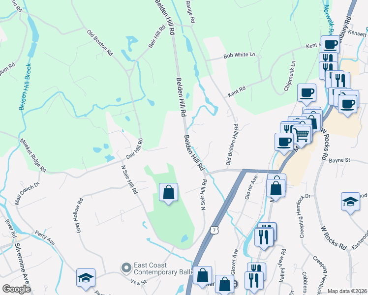 map of restaurants, bars, coffee shops, grocery stores, and more near 11 Hillcrest Place in Norwalk