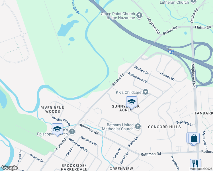 map of restaurants, bars, coffee shops, grocery stores, and more near 7751 Saint Joe Road in Fort Wayne