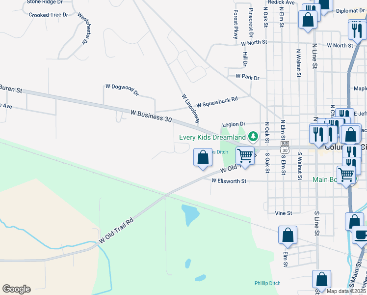 map of restaurants, bars, coffee shops, grocery stores, and more near 16 West Business 30 in Columbia City