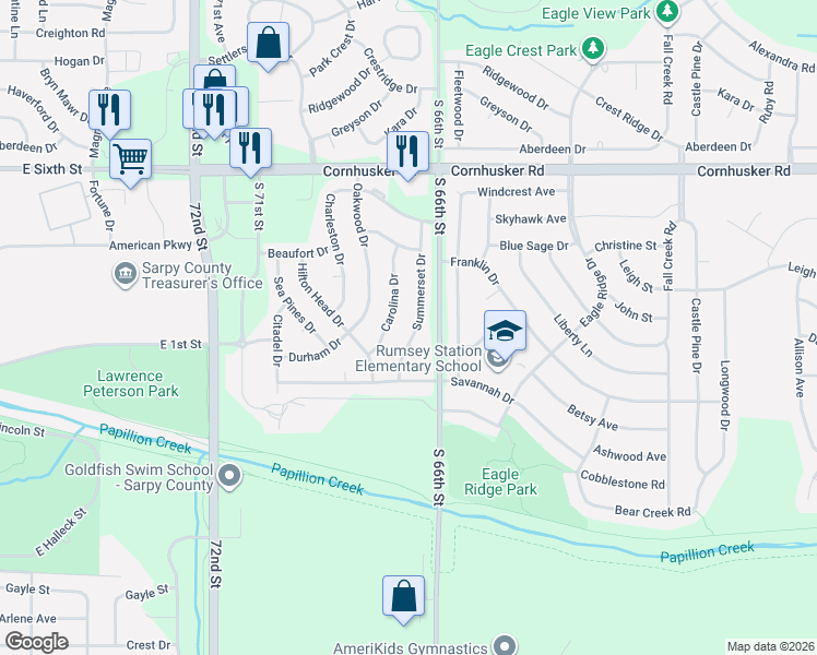 map of restaurants, bars, coffee shops, grocery stores, and more near 204 Summerset Drive in Papillion