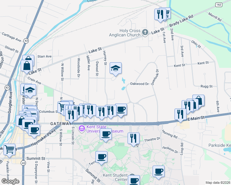 map of restaurants, bars, coffee shops, grocery stores, and more near 409 Burr Oak Drive in Kent