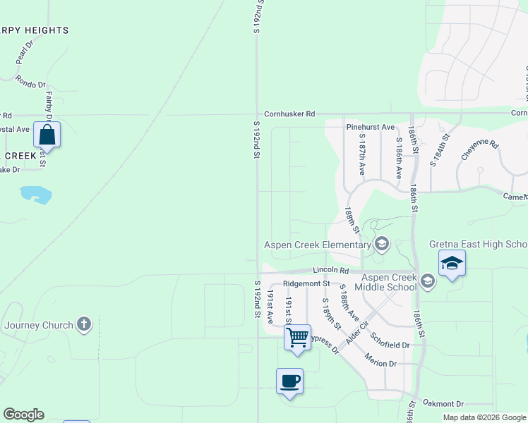 map of restaurants, bars, coffee shops, grocery stores, and more near 10327 South 192nd Street in Gretna
