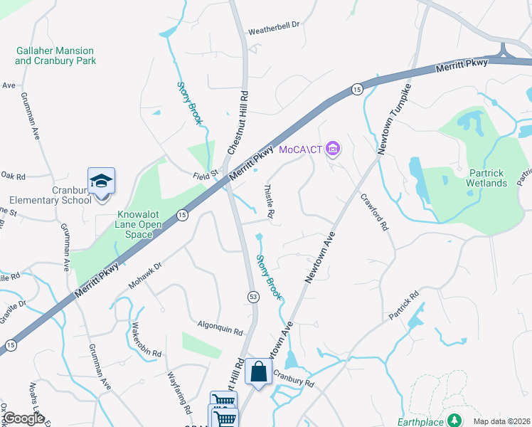 map of restaurants, bars, coffee shops, grocery stores, and more near 30 Thistle Road in Norwalk
