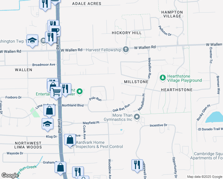 map of restaurants, bars, coffee shops, grocery stores, and more near 8411 Harbor Pines Place in Fort Wayne
