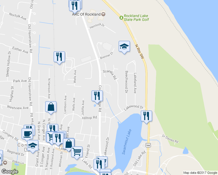 map of restaurants, bars, coffee shops, grocery stores, and more near 192 New York 303 in Congers