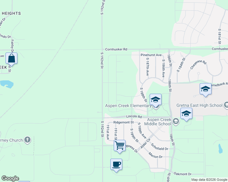 map of restaurants, bars, coffee shops, grocery stores, and more near 10327 South 192nd Street in Gretna