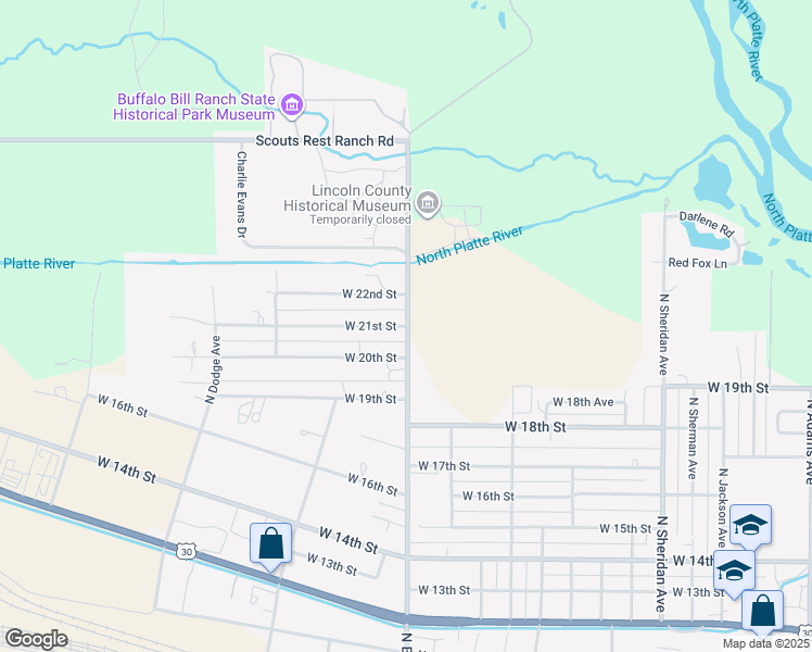 map of restaurants, bars, coffee shops, grocery stores, and more near 2500 West 21st Street in North Platte